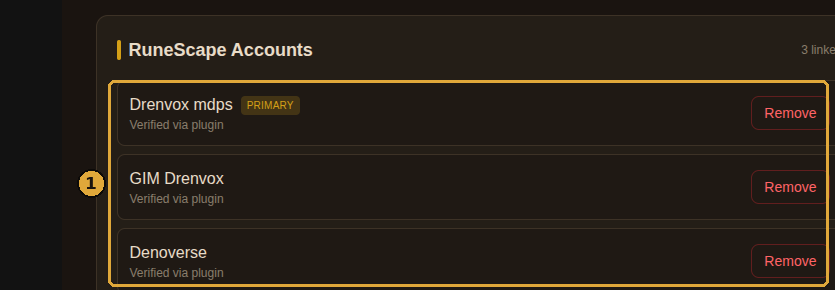 The RuneScape Accounts card on the profile page listing accounts verified via plugin